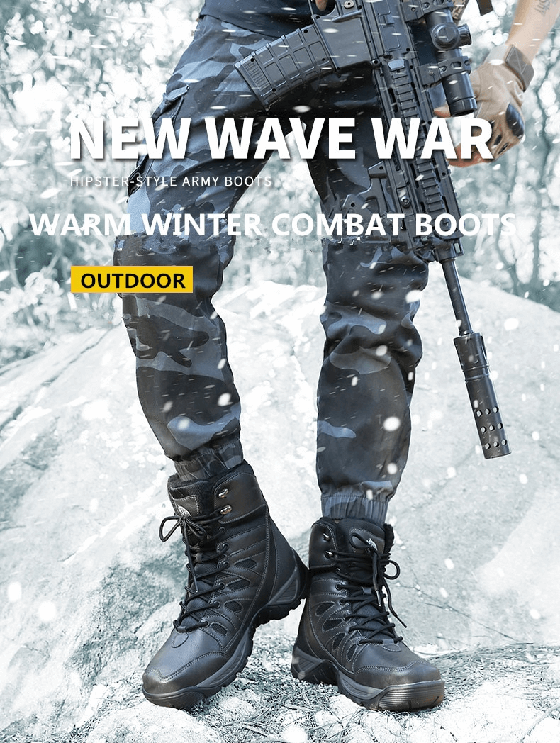 Man wearing Waterproof Leather Anti-Slip Military Snow Boots with camouflage pants in snowy terrain